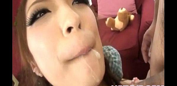 Aiko Nagai with big assets sucks boner until gets cum in mouth